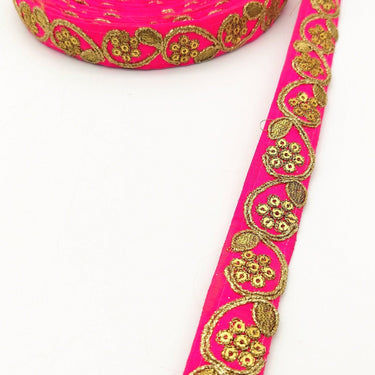 Fuchsia Pink Art Silk Trim with Gold Floral Embroidery and Gold Sequins Indian Sari Border Trim By 3 Yards Decorative Trim Craft Lace